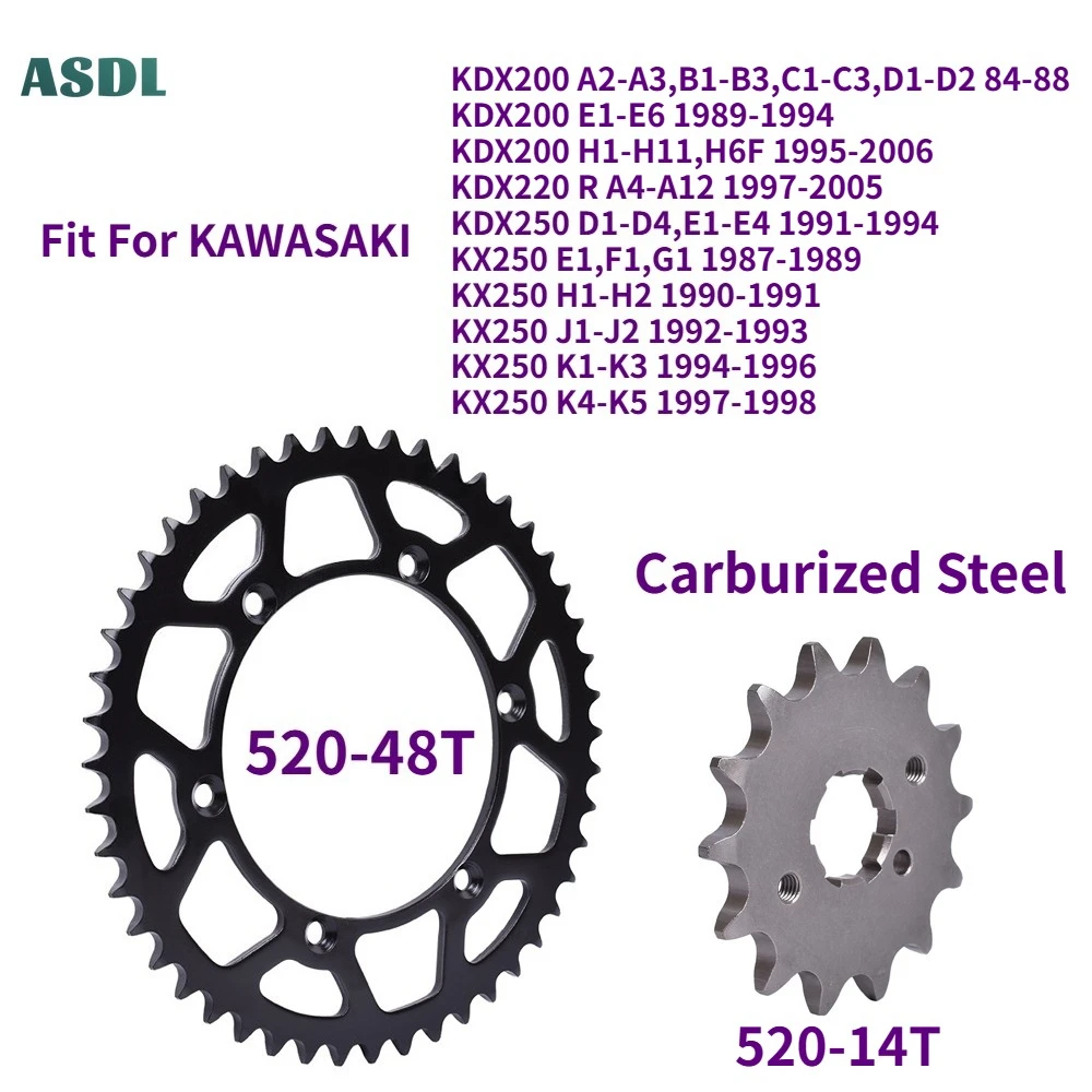 

520 48T 14T Motorcycle Front Rear Sprocket Gear Star Pinion For Kawasaki KDX200 KDX 200 1984-2006 KDX220 KDX250 KX250 1987-1998