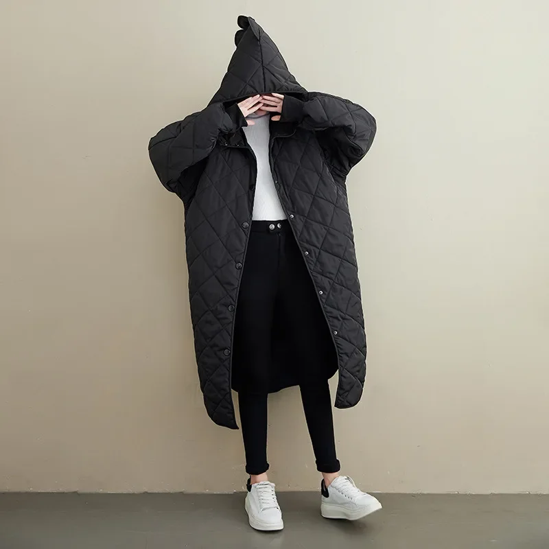 Veste à capuche longue en coton pour femme, manteau au genou, tempérament décontracté, coton épaissi, hiver