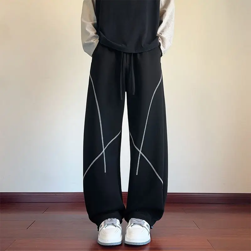 American Curved Athletic Sweatpants Men Elastic Waist Trousers Autumn Trendy Loose-fitting Wide-leg Pants Mens Clothing Street