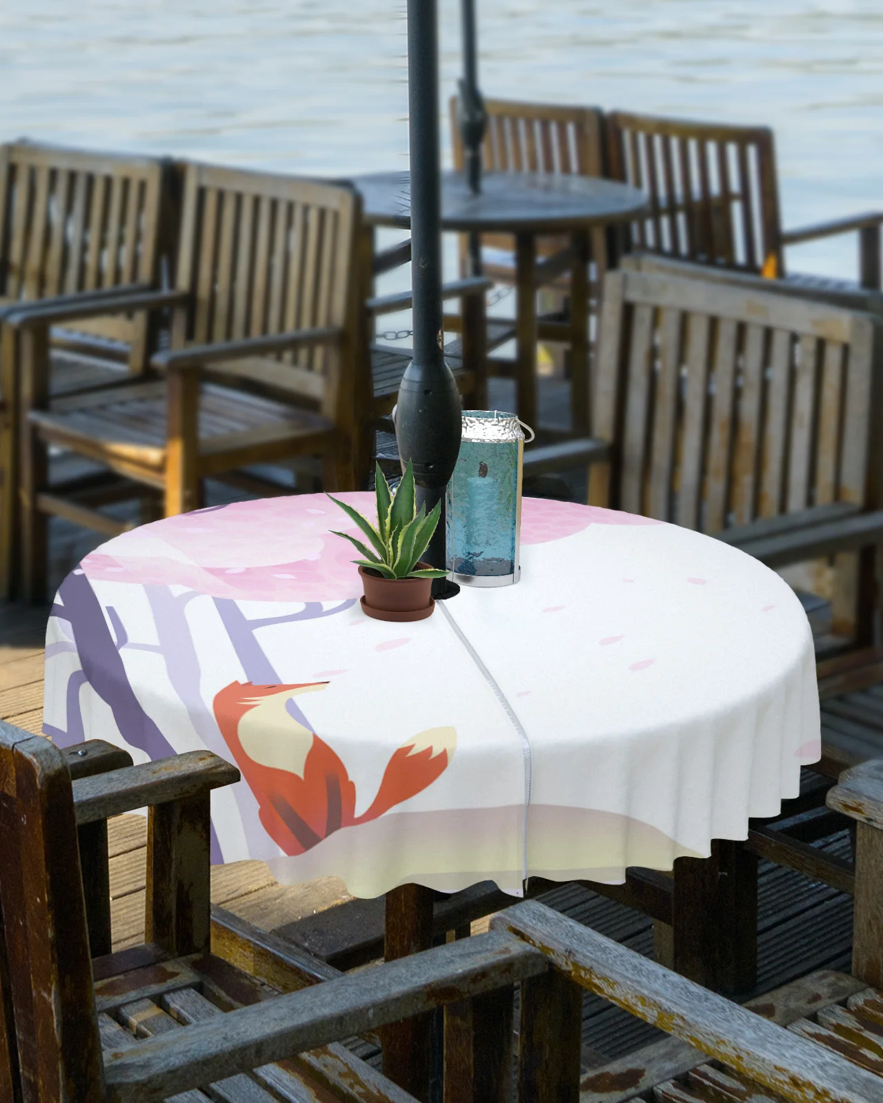 Cartoon Cherry Blossom Fox Outdoor Tablecloth with Umbrella Hole Zippered Waterproof Table Cloth Picnic Patio Round Table Cover