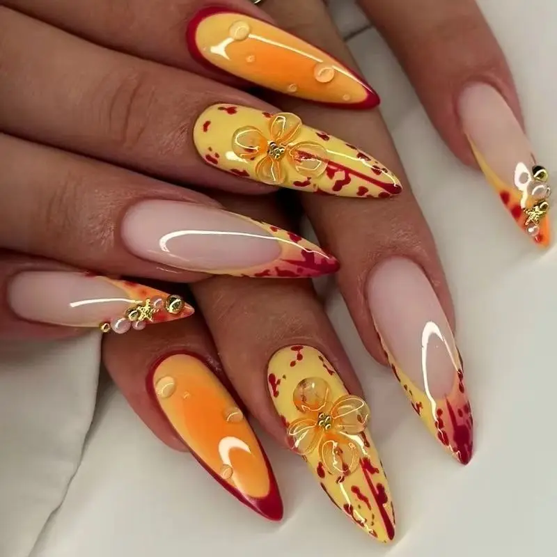 

24PCS Long Stiletto False Nails Dot Diamond Hot Girl Flowers Press on Nails Edgy Sweet Cool Fake Nails Wearable Nail Art Ноготь