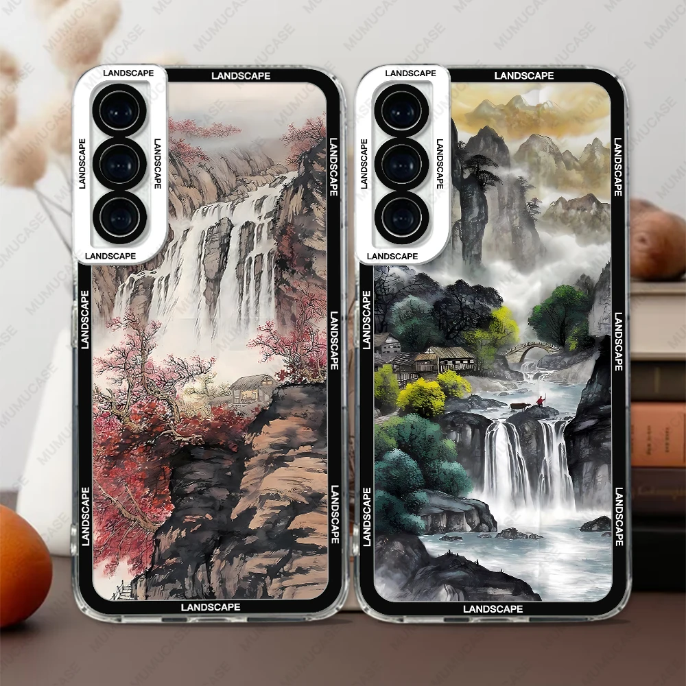 Case For Samsung Galaxy S24 S20 S21 FE S22 S23 Ultra A13 A32 A33 A50 A52 A53 A73 A54 A14 Soft Cover Ink And Wash Landscape