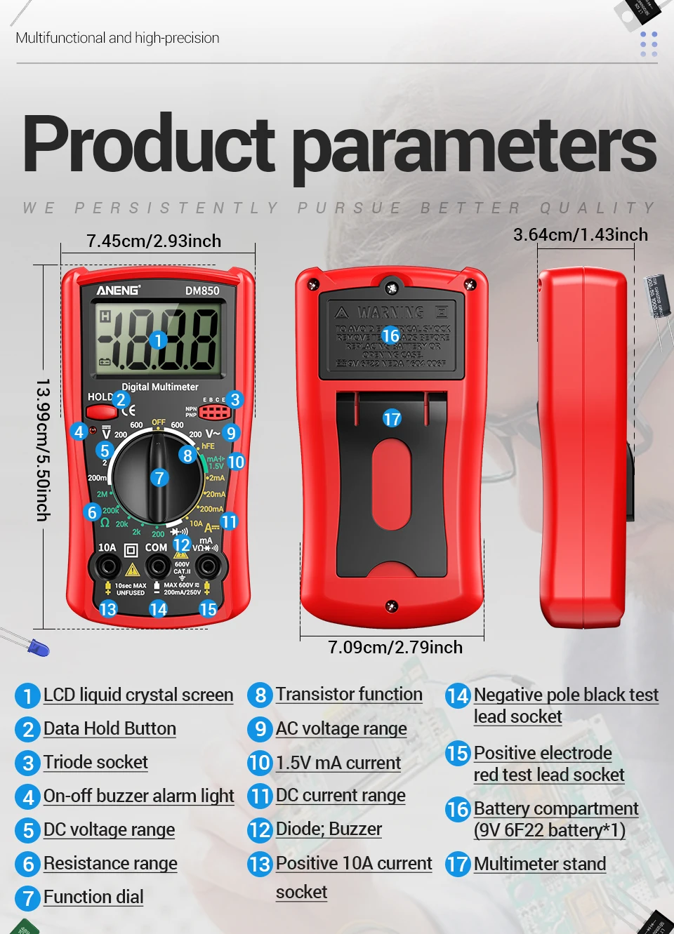 ANENG DM850 Digitalmultimeter mit 1999 Messwerten, Gratis Geschenk BT173 Batterietester, AC/DC-Spannung, Strom, Widerstand, Diodentest, tragbar – Detail 8
