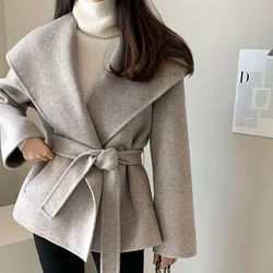 MEXZT Elegant Wool Blends Coats Women Black Bandage Woolen Jackets Winter Ladies Commute Outerwear Korean Fashion Overcoat New