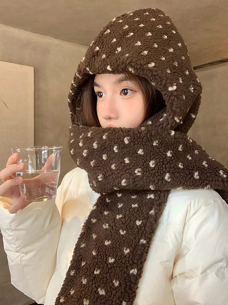 Korean Polka Dot Lamb Velvet Hat Scarf Integrated Winter Fashionable Ear Protection Head Wrap Warm Neck Scarf Women's Casual ...