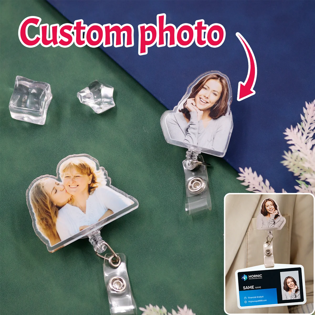 Custom Acrylic Photo ID Card Holder, Personalize with Family, Pet, or Christmas Photos, Modern Design, Photo Size: 4cm/1.57in,