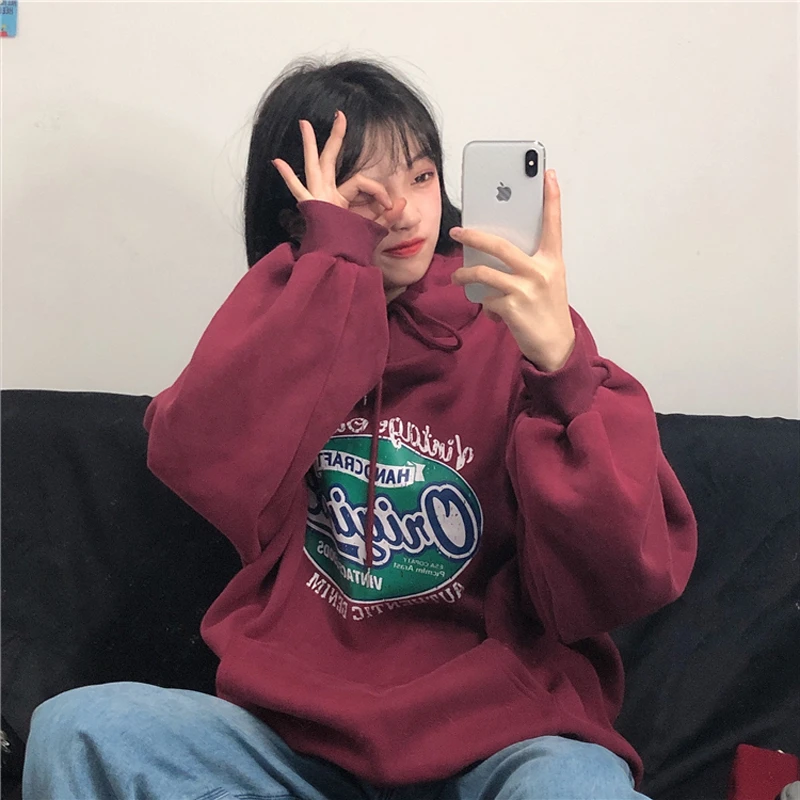 

Ретро-американская демисезонная толстовка для пар, женская оверсайз толстовка с капюшоном, утепленная флисом, для зимы