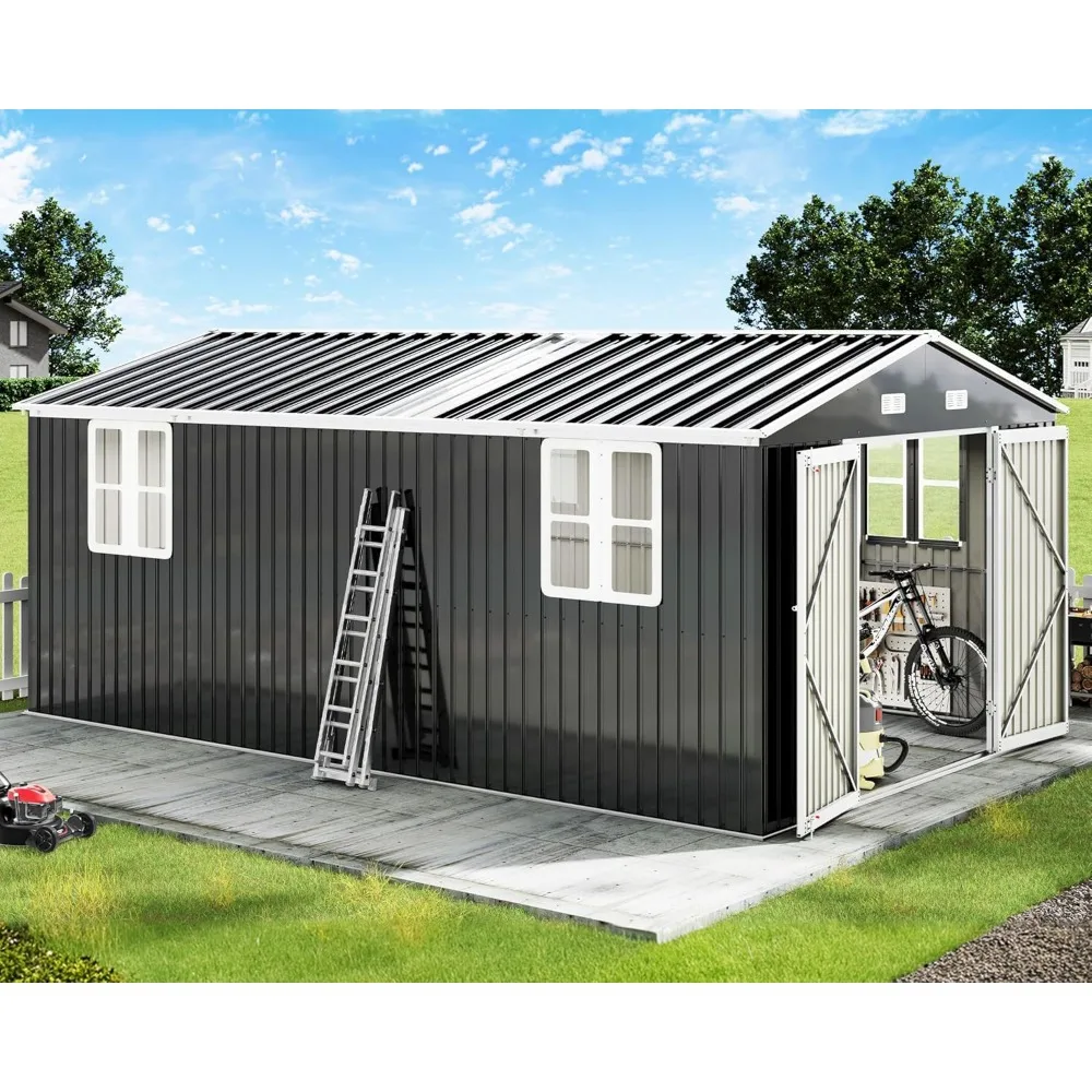 

10x16.3x7 FT Galvanized Steel Storage Shed with Dual Transparent Panels, 4 4-Pane Windows & Hinged Double Doors, Outdoor Shed f