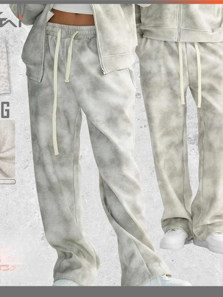 بنطال رياضي رجالي ملابس الشارع رمادي التعادل صبغ الصوف الثقيل الرباط فضفاض صالح مستقيم الساق عادية ريترو الخريف الشتاء الاتجاه الزي #1
