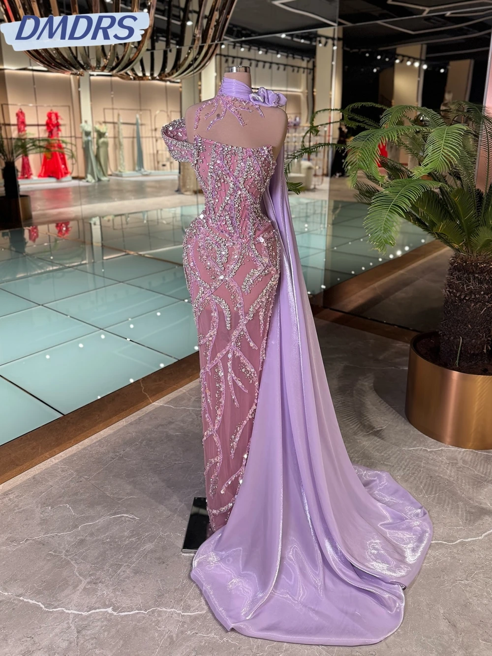 

Purple Luxury Crystal One Shoulder Evening Dress Illusion Straight Long Wedding Party Gown Customized Elegant Prom Dresses