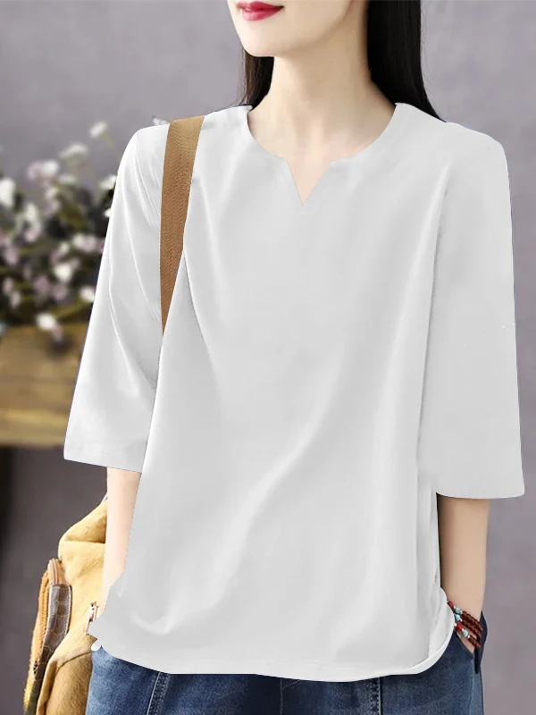 Women's Cotton V-Ne Mid-Sve T-irt Loose Fit Summer New Sle plus Size Slimming Belly Cover Versatile Casual Top