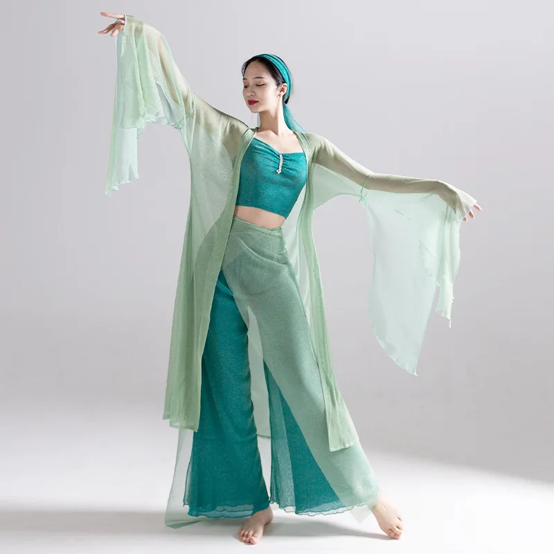 Classical Dance Thin Wide-sleeved Antique Dance Clothes, Fairy Air Elegant Green Body Rhyme Gauze Vest Wide-leg Pants