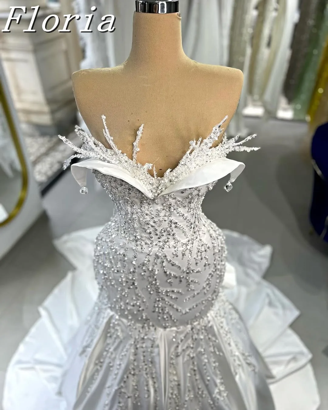 

Satin Asymmetry Neck Mermaid Wedding Dresses Sleeveless Crystal Pearls Formal Bridal Dress With Bow Sweep Train Vestina De Novia