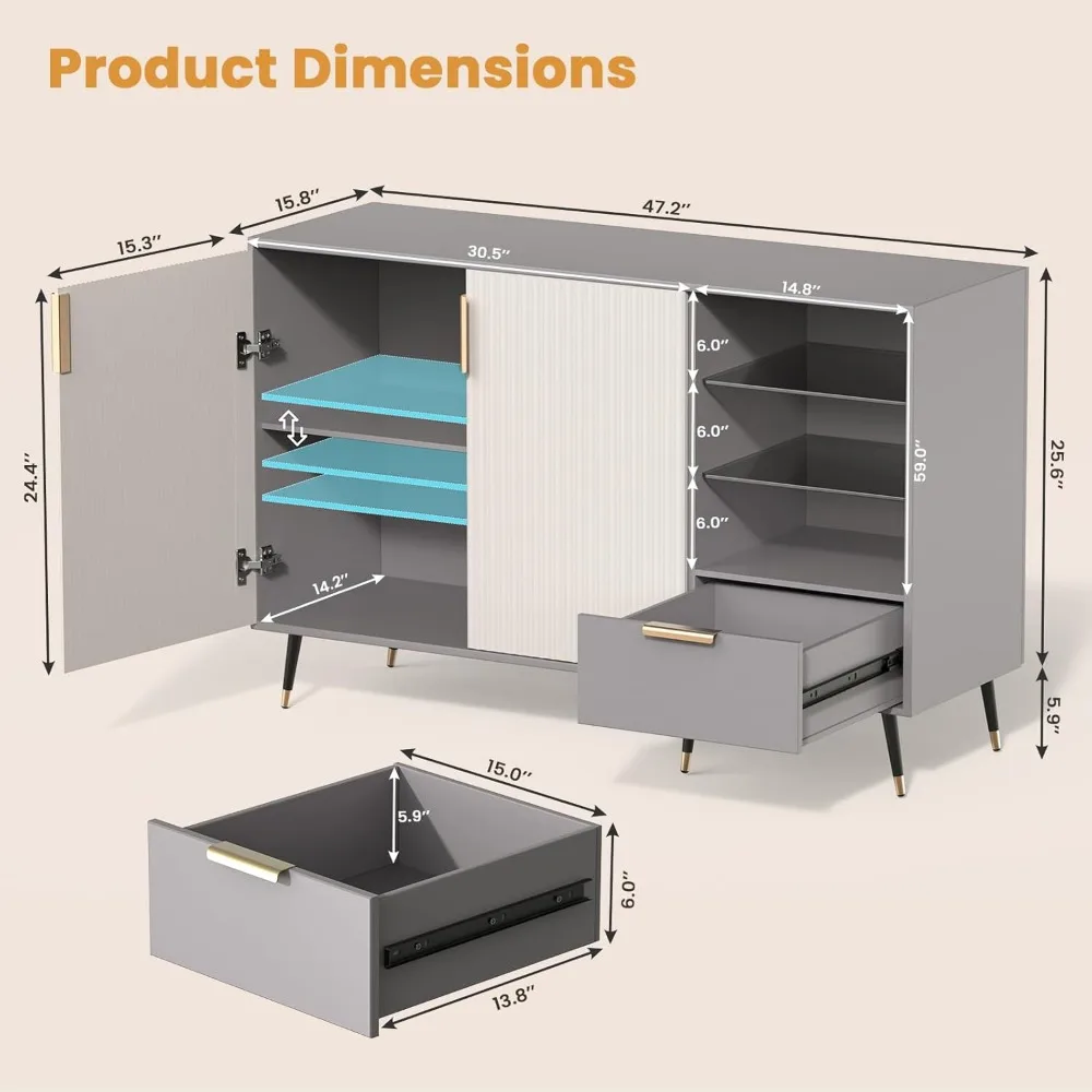 خزانة جانبية واسعة مخددة مع بابين، أدراج، بار قهوة المطبخ، بوفيه تخزين غرفة المعيشة