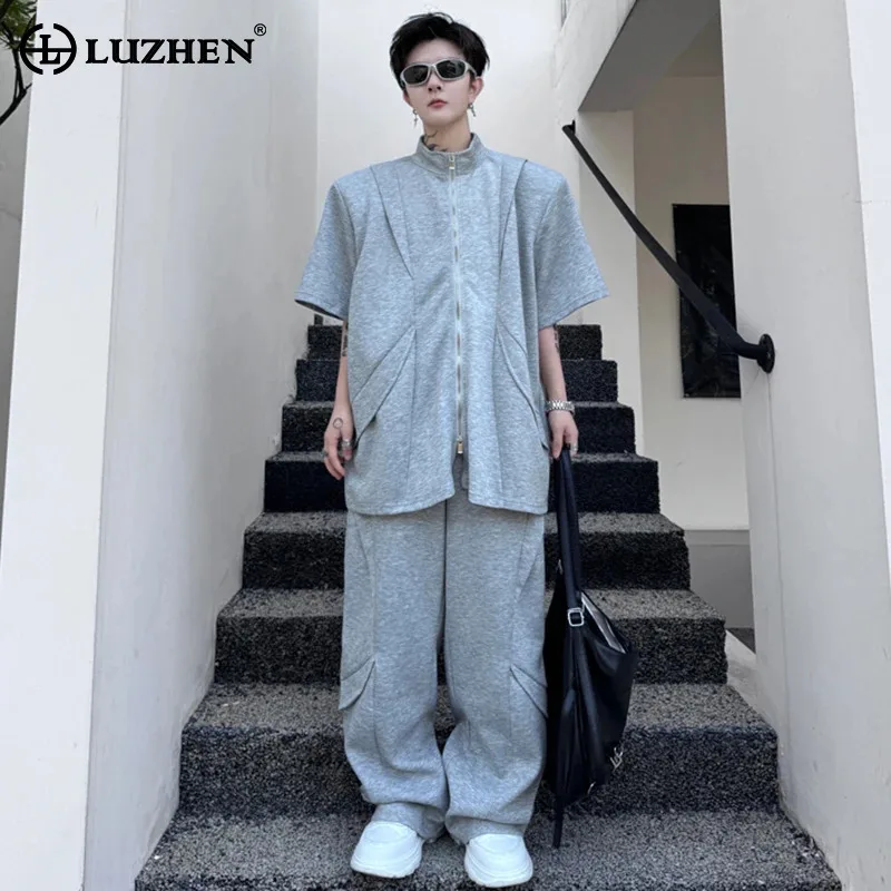 

LUZHEN Design Stylish Sleeved Stylish Handsome Short Splicing Jackets Two-piece Sets Fashion Men's Street Straight Pants JY2515