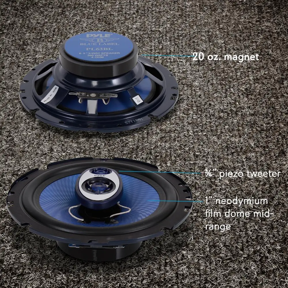 Pyle 6.5" 3-Way Car Speaker System, 180W RMS/360W Max Full-Range Triaxial Audio with Piezo Tweeter – PL63BL (Blue)