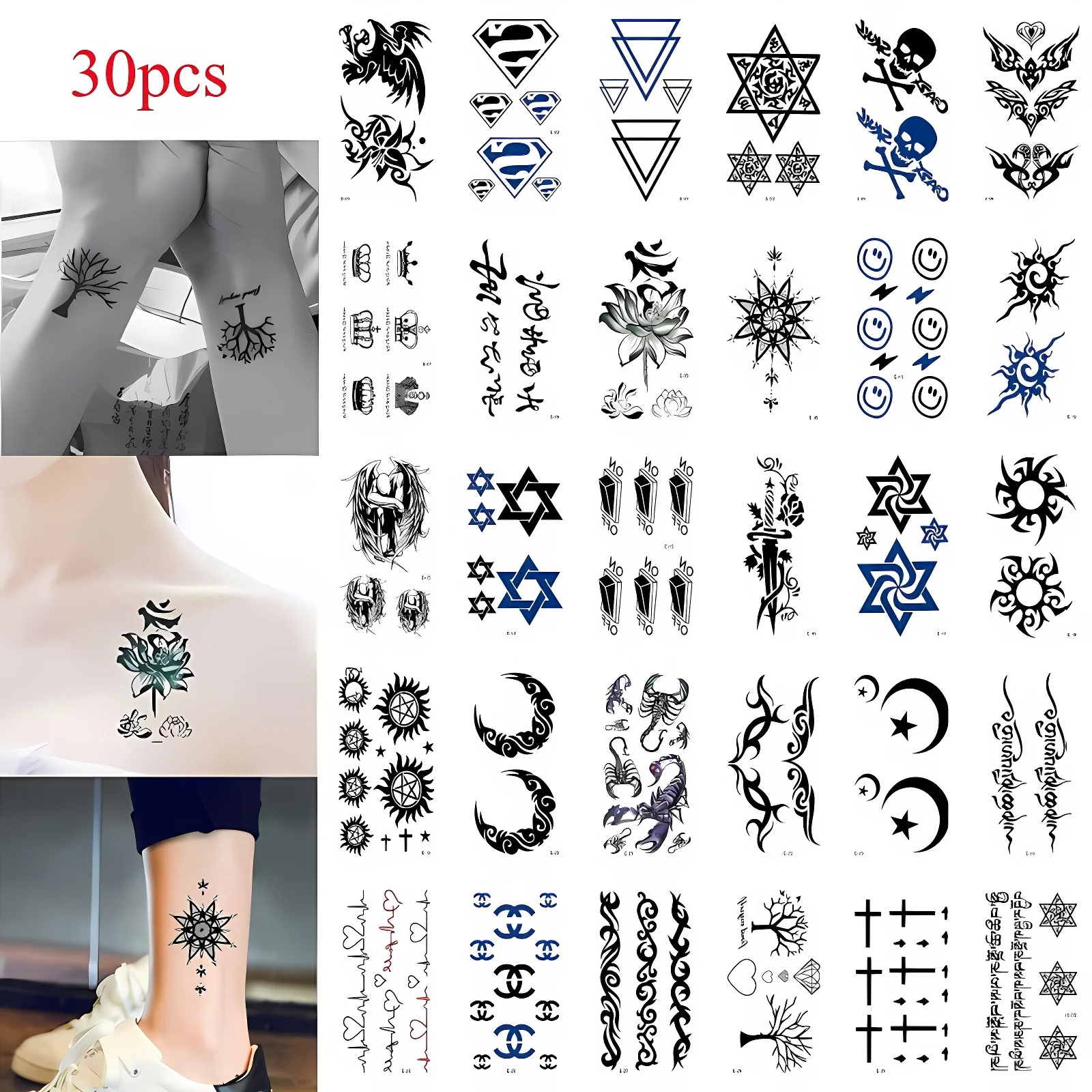 30pcs/set Temporary Tattoo Small for Men Women Totem Lotus Smiling Face Lightning Wing Transfer Tatoo Ankle Chest Wrist Tatuaje