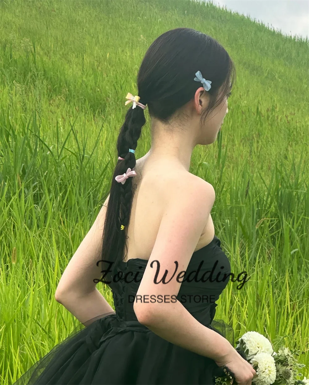 Zoci elegancka w kratkę czarna koreańska suknia wieczorowa zakładka tiulowa suknia ślubna do sesji zdjęciowej dostosowany gorset bez ramiączek suknia panny młodej