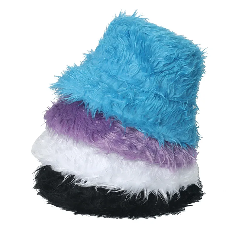 

New plush fisherman hat Autumn and winter new fuzzy cold hats warm imitation fur mink light plate solid color women's basin cap