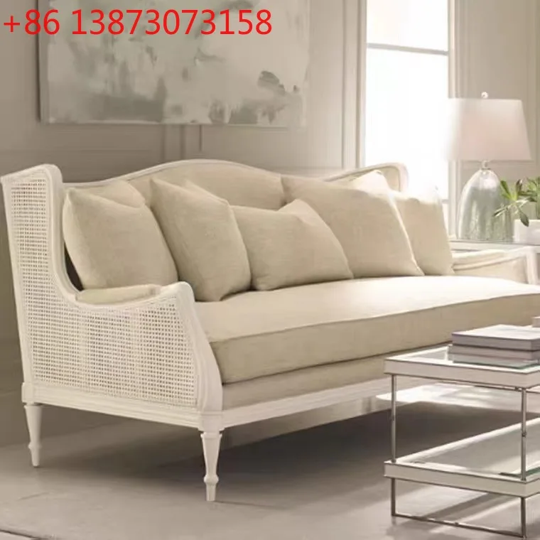 

American country solid wood single and double three-person sofa French retro distressed rattan carved sofa
