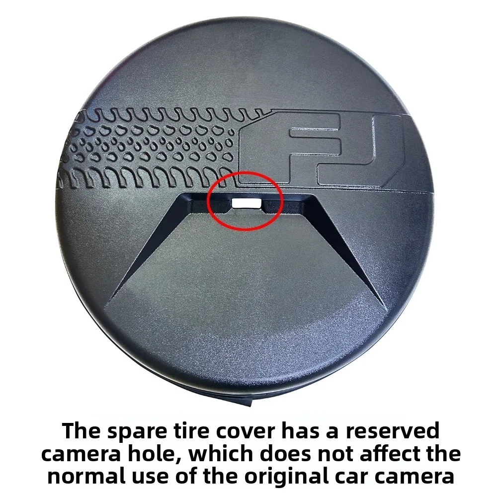 Hard spare tire cover for 2007-2023 Toyota FJ Cruiser, with FJ logo, rear wheel cover, and camera hole.