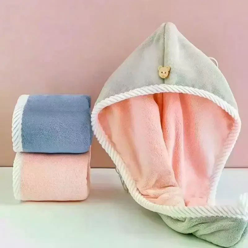 1/3Pcs Double Layer Microfiber Hair Drying Cap Color Block Quick Absorbent Turban Towel With Button For Shower Bath Makeup