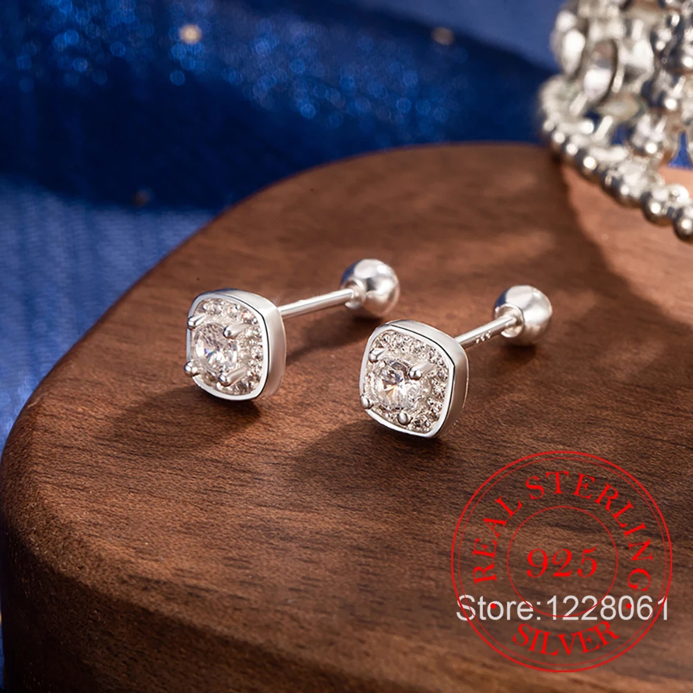 

925 Sterling Silver Jewelry Luxury Crystal Geometric Square Stud Earrings for Women Wedding Party Jewelry for Girls Friend Gift