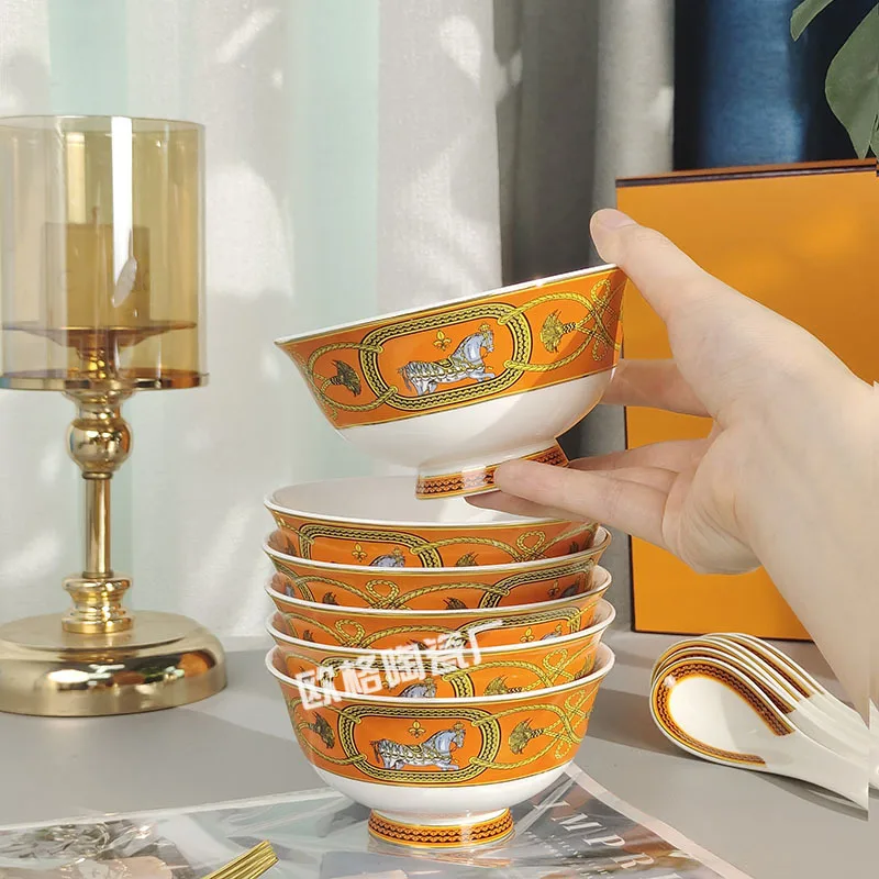 

European retro style Royal War Horse Six Bowl Six Spoon Set Luxury Fashion Hotel Private Kitchen Utensils Orange Bowl Spoon
