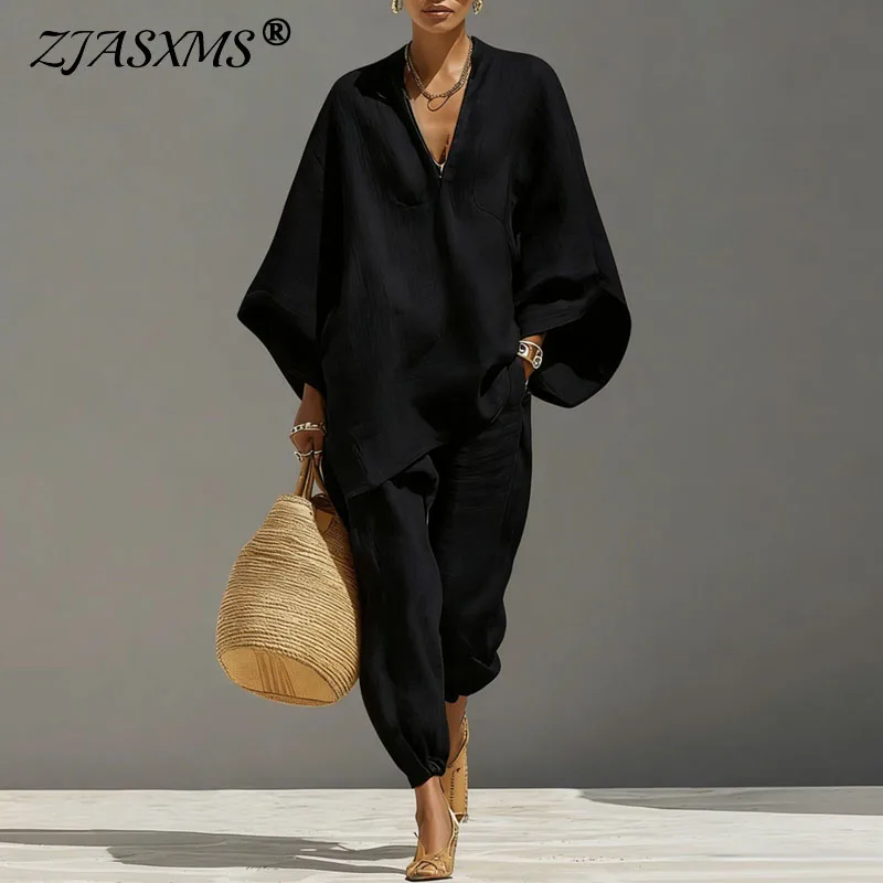 Harajuku Vintage Solid Loose 2 Piece Outfits Woman Sexy V Neck Top Pullover & Casual Pants Sets Spring Batwing Sleeve Boho Suits