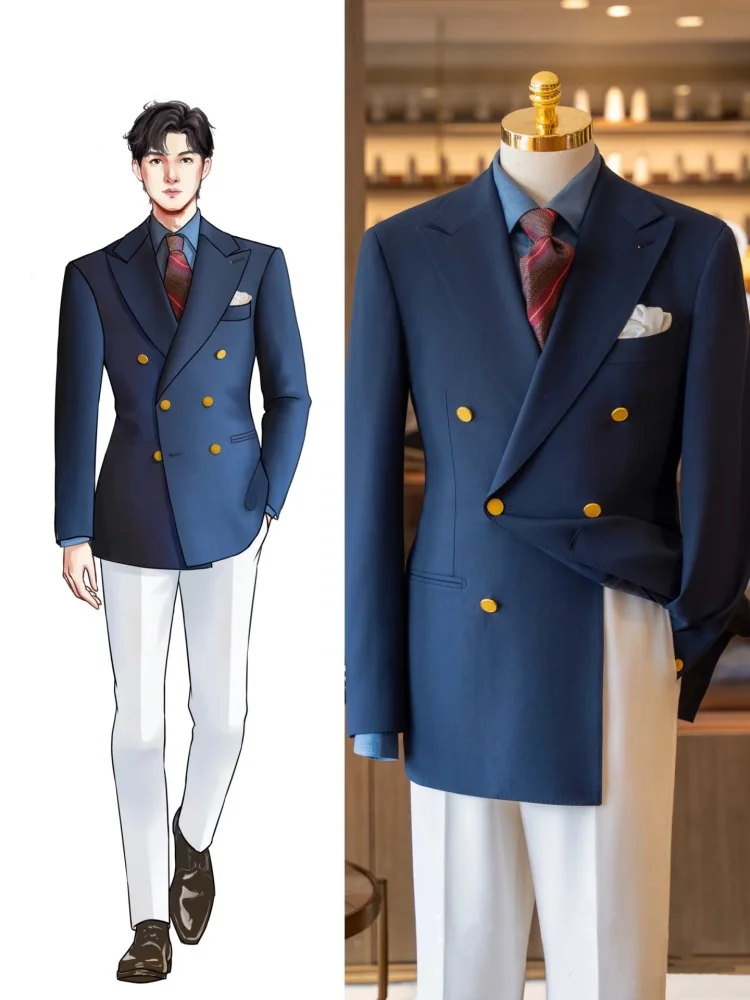 

Blazer Casual Suit Classic Navy blue Double-breasted Metal Buttons High Quality Top Shirt Regular Length Retro Jacket 3 colors