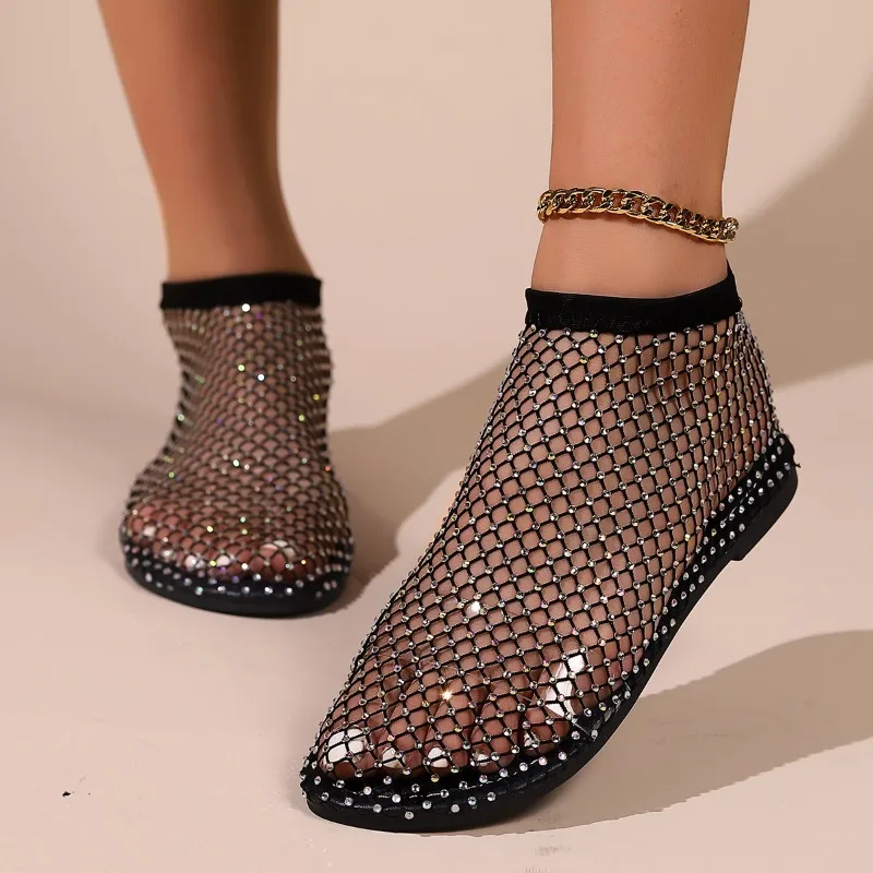 

Women Summer New Fashion Mesh Luxurious Sandals Rhinestone Designer Flat Shoes Simple Solid Color Sandals Womens Outdoor Sandals