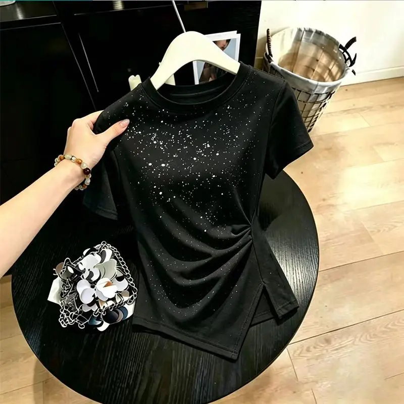 Cotton Full-shoulder Starry Sky Short-sleeved T-shirt for Women Summer New Style Irregular Slit Design Stylish and Slimming Top