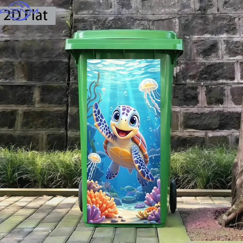 Sea Turtle Trash Can Sticker - Self-Adhesive Decal Suitable for Trash Bins, Walls, Marine-Themed Decor - Contemporary Removabl