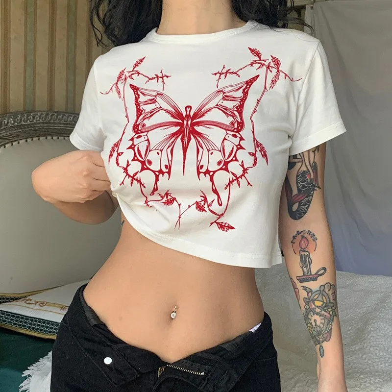 

Vintage Fairy Grunge Butterfly Print Short Sleeve O-Neck Fitted Crop Top Punk Harajuku E-girl Tee American Y2K 90S Women T-shirt