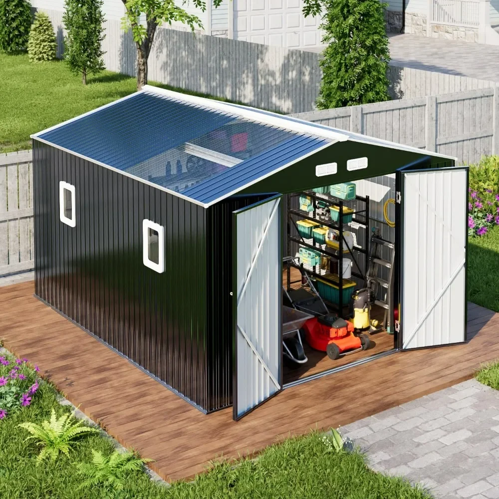 

Metal Shed 10x12 Reinforced Sheds Outdoor Storage, Lighting Tool Sheds with Translucent Roof Panels, Windows, and Lockable Doors