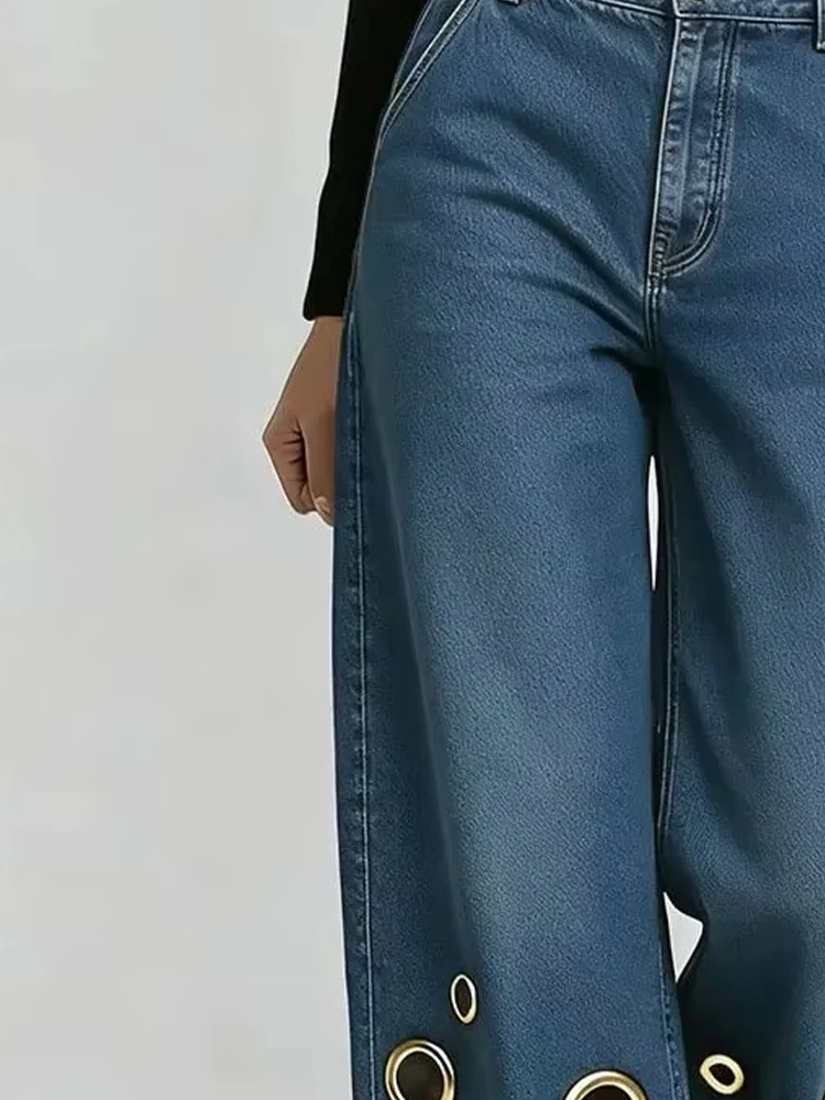 

Women's Denim Pants Metal Eyelet Hollow Out Washed Female Jeans Straight Casual Womewear Loose Wide Leg Trousers New Fashion