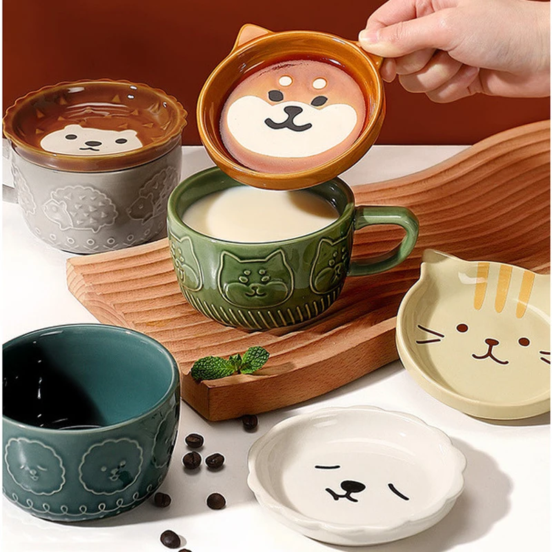 Cartoon Animal Ceramic Mug with Lid, Breakfast Mug, Oatmeal Cup and Saucer, Milk and Coffee Mug, Microwave Oven Safe Home Drinkw