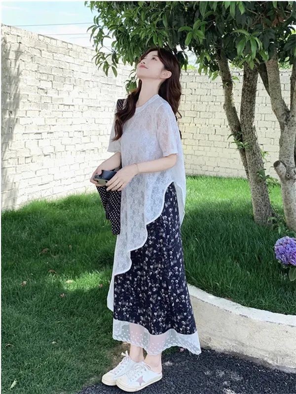 

Летний новый комплект: футболка с цветочным кружевом и юбка миди, модный женский костюм из двух предметов, полиэстер, короткий рукав, круглый вырез