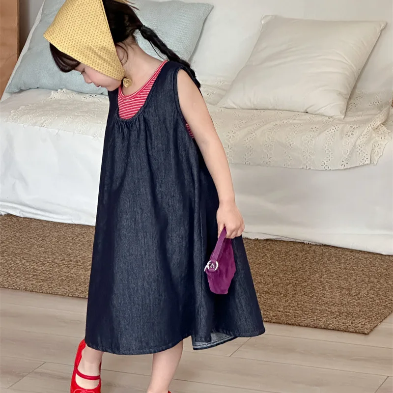 2026 Spring Summer New Children Stylish Striped Knitted Vest Girls Baby Bright Color Sleeveless Round Neck Top