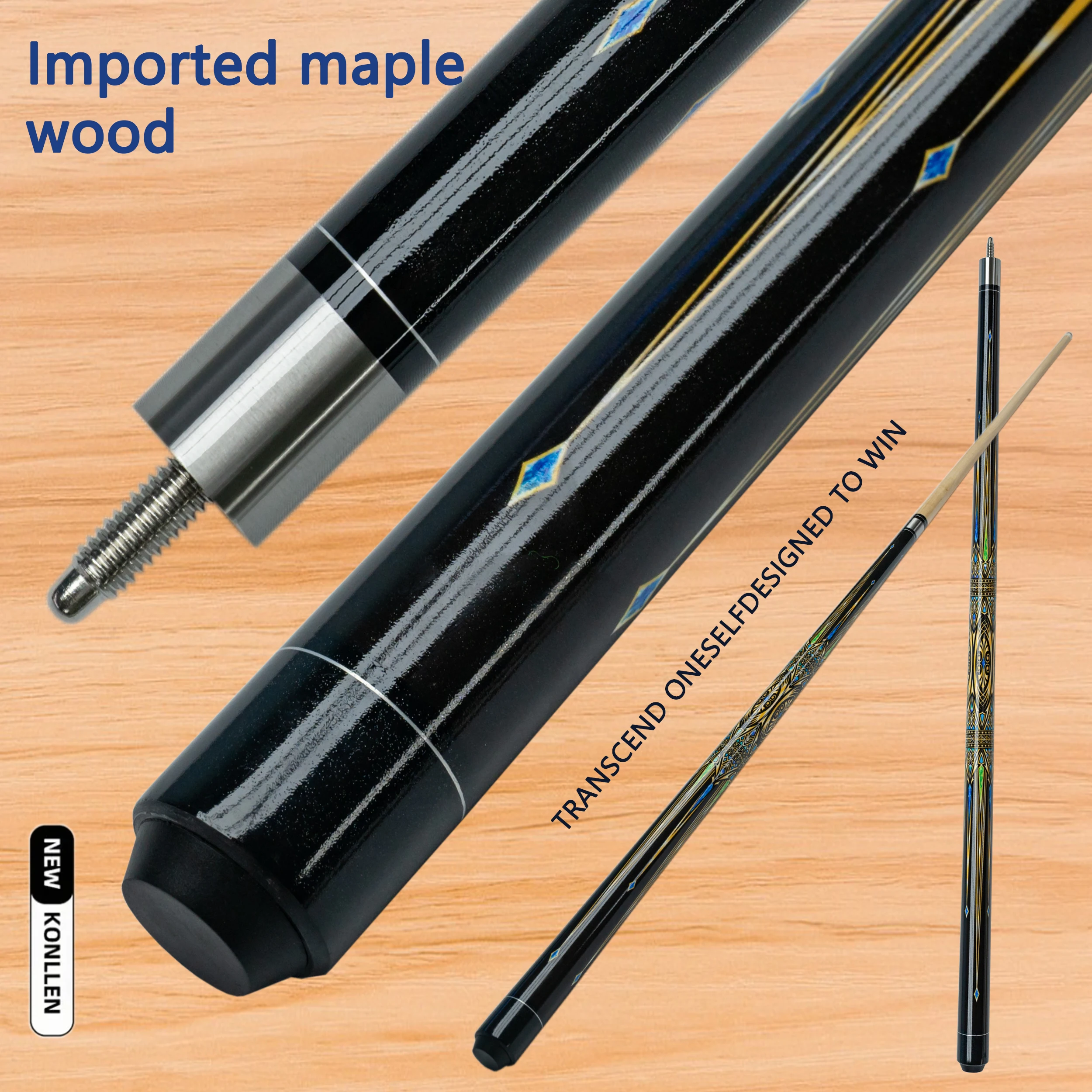 Professional Maple Billiard Cue Stick for Nine Ball and Carom Billiards with 13mm Tip and Golden Elements Design