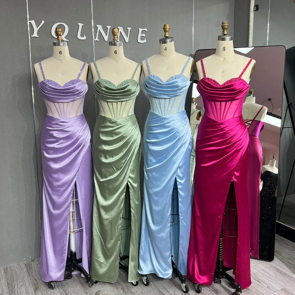 YQLNNE 2023 Lilac Crystals Beaded Long Prom Dresses Straps Silk Satin Lace-up Formal Women Party Gown Vestidos In Stock