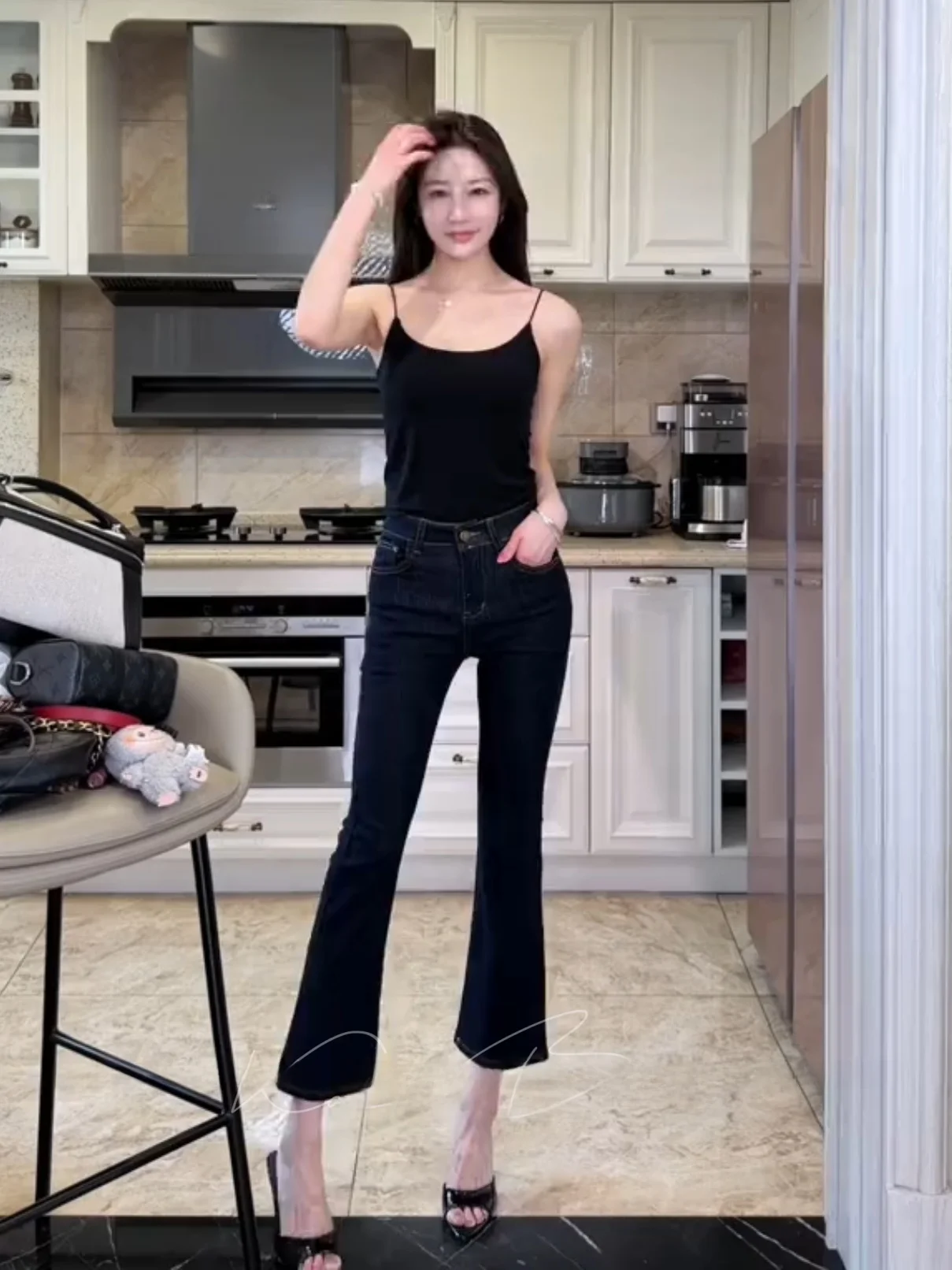 American Retro Flared Jeans mid Waist Slimming Elastic Comfortable Hip Enhancing Nine Points Pants Women's High Elasticity Sl...