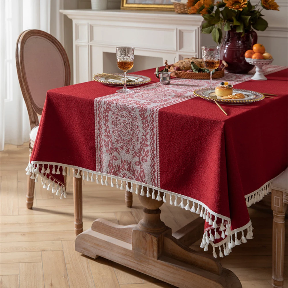 Red Wedding Table Cloth Polyester Jacquard Vintage Floral Tassel Dust-Proof Tablecloth Coffee Table Cloth Cover Party Supplies