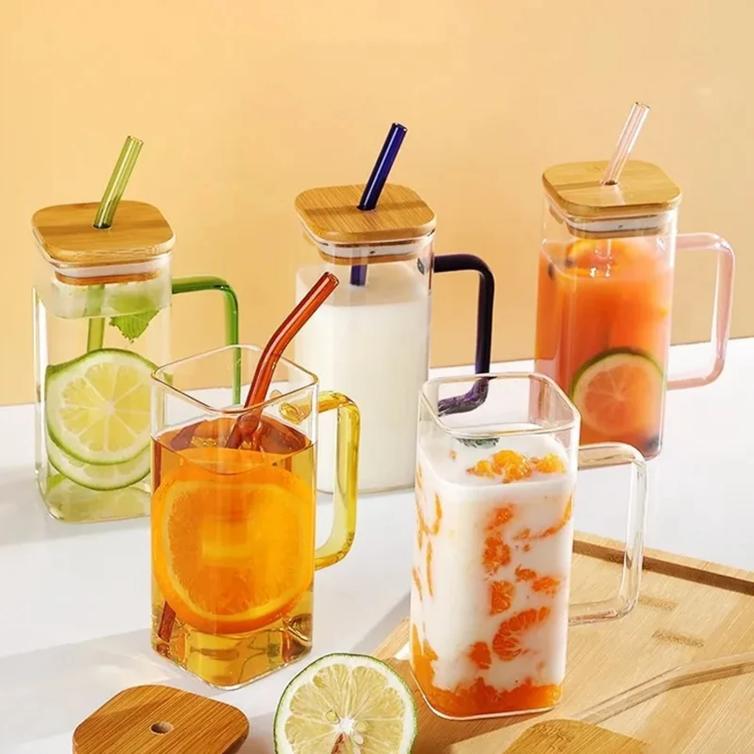 400ml Square Glass Cup With Lid and Straw Breakfast Glasses Milk Cup Microwave Safe Transparent Beer Iced Coffee Mug Drinkware