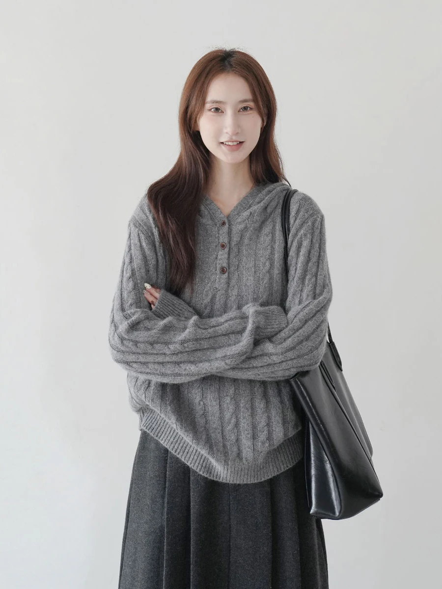 

Loose Lazy Sle Thiened Korean Simple Twisted Hear Hat Sweater Women's Top Casual Loose Fit Long Sve Winter 2025