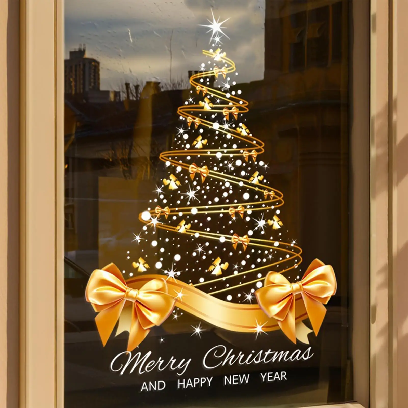 Christmas Tree Window Stickers Reusable Double-Sided Golden Christmas Tree Window Clings for Glass Doors and Windows view 3