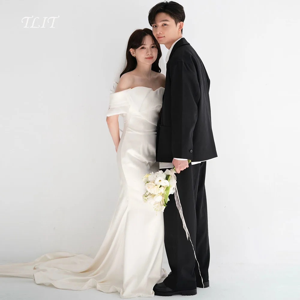 

TLIT Простые свадебные платья трапециевидной формы из органзы цвета слоновой кости, свадебные платья с открытыми плечами по индивидуальному заказу, корейские свадебные платья, фотосессия