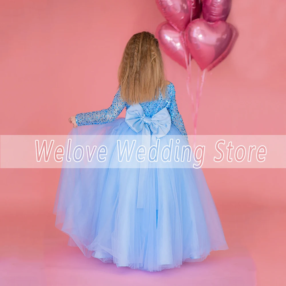 Blue Glitter Flower Girl Dress Floor Length Long Sleeve Sparkly Tulle Scoop Neck Sequin Bead With Bow Child Birthday Party Gala