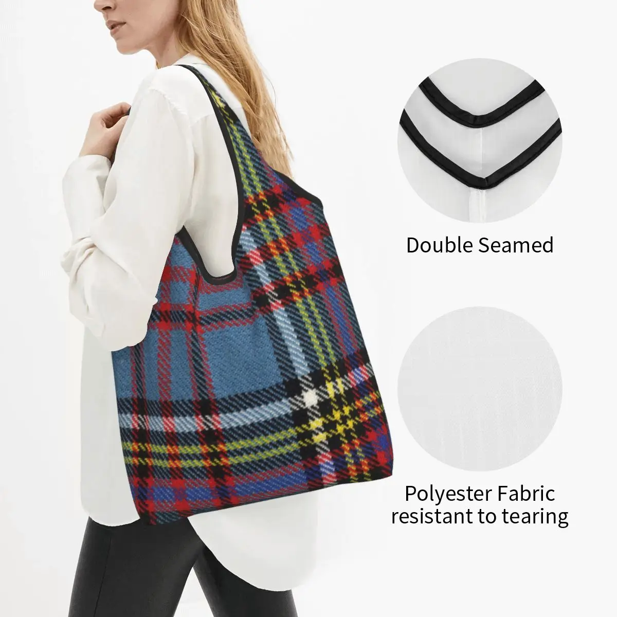 Custom Modern Fashion Tartan Plaid Shopping Bags Women Portable Big Capacity Groceries Geometric Gingham Shopper Tote Bags