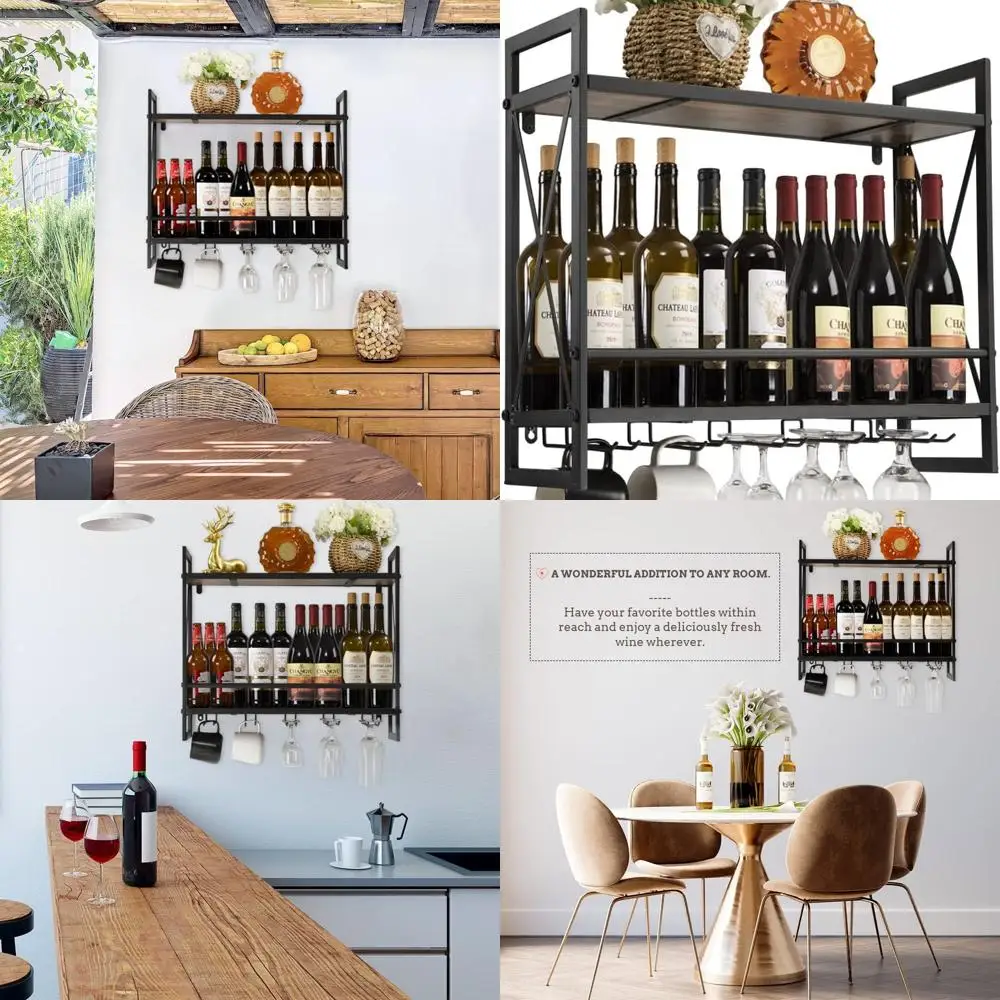

2-Tier Rustic Brown Wooden Wine Rack with 5 Glass Holders and 2 Metal Baskets for Storage